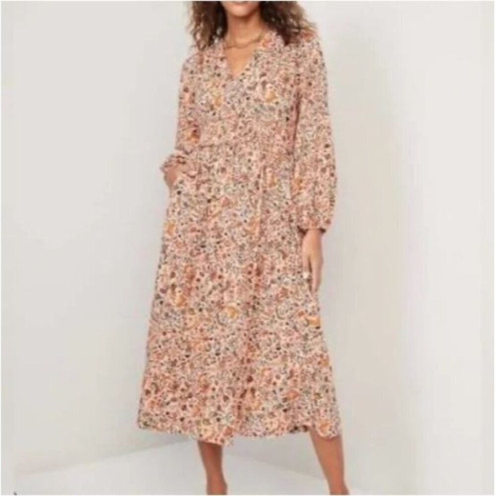 Old Navy Dress Womens XXL Orange Floral Smocked Midi Puffy Sleeve Cottagecore